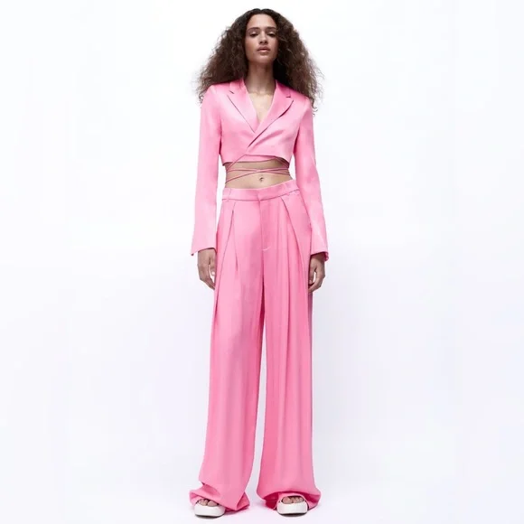 Zara Set - Pink Cropped Satin Effect Blazer & Full Length Pants - Picture 10 of 17